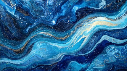 Obraz premium Abstract blue ocean waves with gold accents, evoking tranquility and depth.