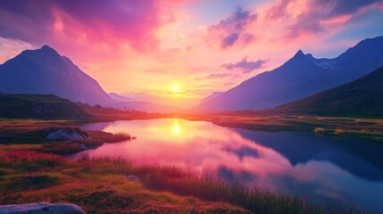 A breathtaking sunset over a tranquil lake, surrounded by majestic mountains and vibrant sky colors.