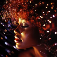 A beautifully lit profile of a woman with glowing hair and enchanting lights emphasizing her elegance.