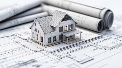 Miniature house model on a detailed architectural blueprint, showcasing the planning and design process for modern residential construction with technical precision and creative visualization