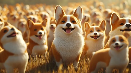 Adorable corgis in a field, happy and excited.