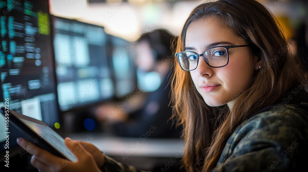 Poster young woman using tablet in tech workspace with code on screens in background