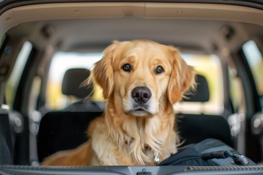 The golden retriever sits comfortably in the back of an SUV, looking out at the lush park filled with colorful foliage under bright sunlight.
