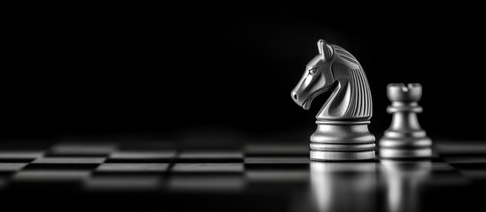 Black and white chess knight on chessboard, dark background, business strategy concept, detailed high-resolution photography.