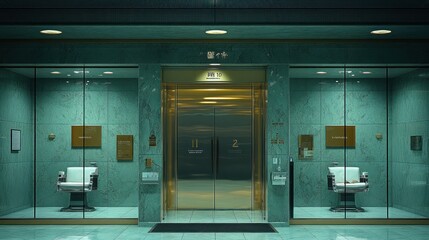 Elegant, modern, futuristic building exterior with a large elevator and two waiting areas.