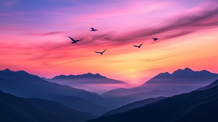 A breathtaking sunset over a mountain landscape, with birds silhouetted against a vibrant sky.