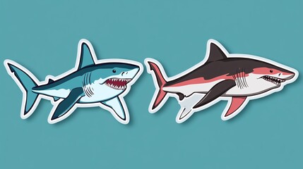 Naklejka premium Two cartoon-style sharks, one blue and one with red accents, showcasing their playful designs against a turquoise background.
