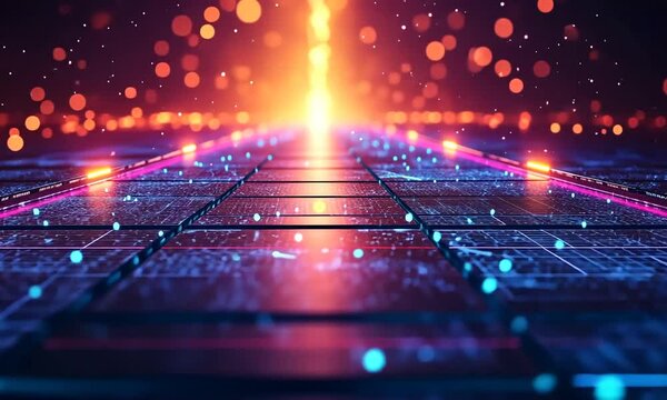 A vibrant, abstract pathway illuminated by colorful lights and bokeh effects.