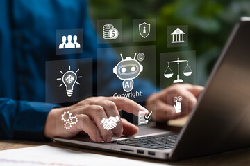 Digital copyright, Patents, Risks of using artificial intelligence, Ethics concept, Businessman...