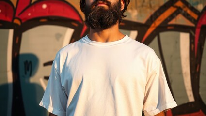 Fototapeta premium Bearded Man Wearing White TShirt Against Graffiti Wall