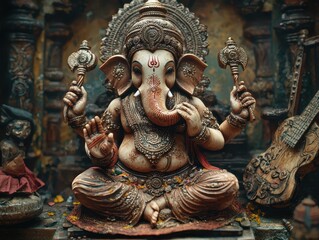 A vibrant Ganesh Chaturthi celebration at a temple plaza, with a large Ganesha idol adorned with flowers, musicians playing traditional instruments, and families dancing. Add intricate designs 