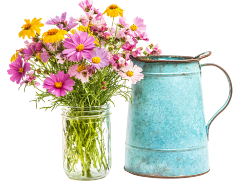 Isolated Colorful Flowers in Mason Jar and Blue Pitcher