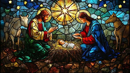 The Nativity rendered in stunning stained glass, Mary and Joseph kneeling beside baby Jesus in a manger, celestial light from the Star of Bethlehem illuminating the scene,