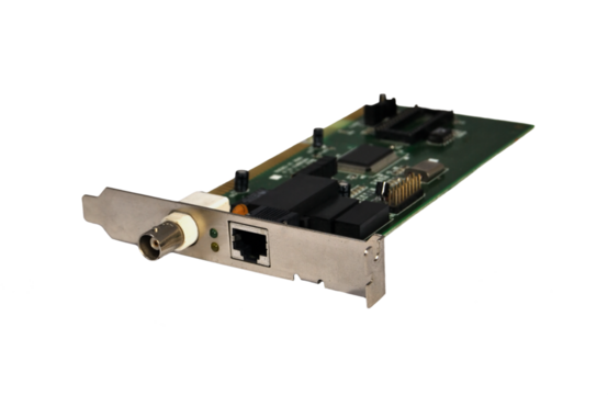 Old network card with two types of connections, RJ45 and BNC, mounting in ISA slot, technology