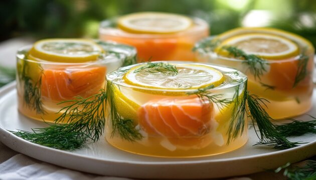 Delicious aspic with salmon, lemon, and dill garnished on white plate