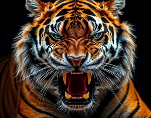 Obraz premium Roaring Tiger: Close-Up Portrait of a Tiger Against a Black Background, Showcasing the Power and Elegance of Wildlife