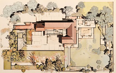Architectural floor plan of a traditional house with a landscaped garden, showcasing harmony between indoor and outdoor spaces through detailed layouts and artistic design
