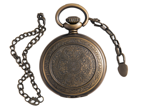 Isolated Antique Bronze Pocket Watch with Chain