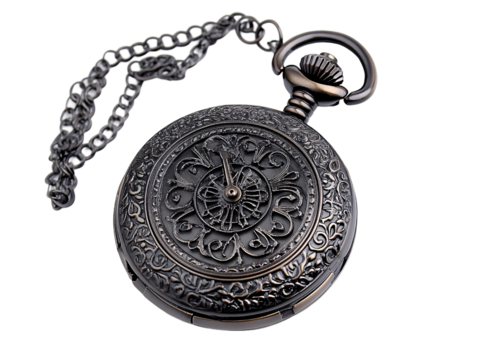 Isolated Ornate Dark Bronze Pocket Watch with Chain