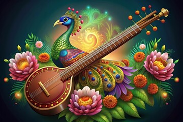 Fototapeta premium veena with peacock for vasant panchami celebration