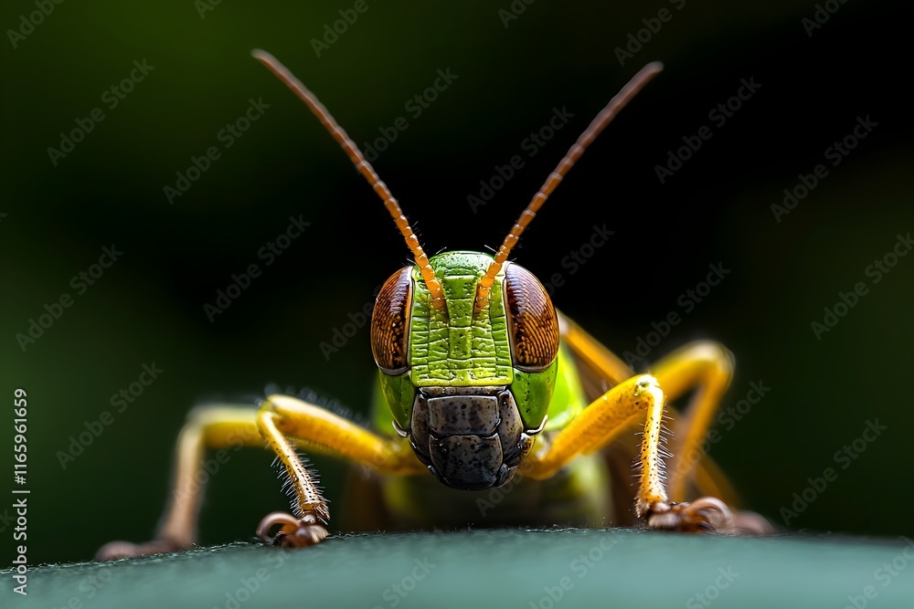 Poster dramatic macro level close up shot of a grasshopper s thoracic segments showcasing the intricate exo