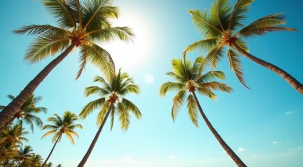 Palm trees on a beach with a blue sky and sun in the background