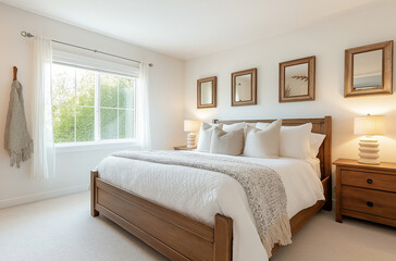 Cozy bedroom, solid wood furniture, large windows bring in natural light, minimalist style, comfortable home environment