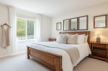 Cozy bedroom, solid wood furniture, large windows bring in natural light, minimalist style, comfortable home environment