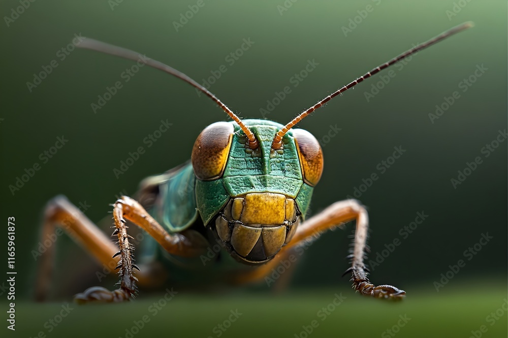 Poster dramatic macro style photographic capture showcasing the intricate details of a grasshopper s thorac