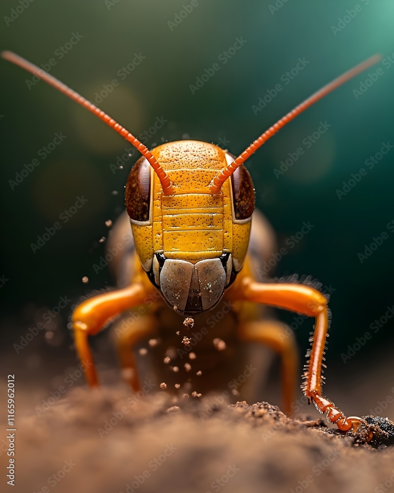 Poster macro close up image showcasing the vivid details of a grasshopper s thorax as it expels a burst of 