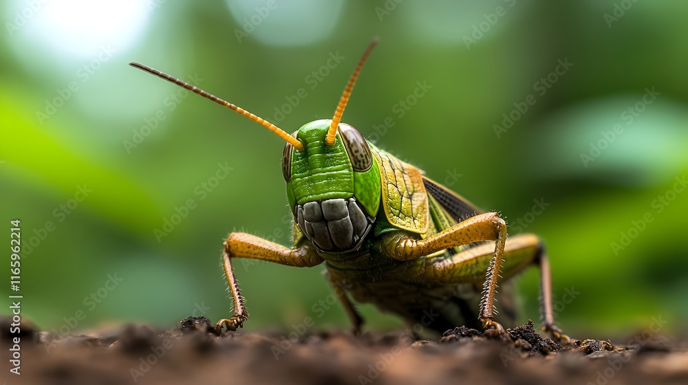 Poster macro perspective of a grasshopper s thoracic area the insect unleashing alarm pheromones to signal 