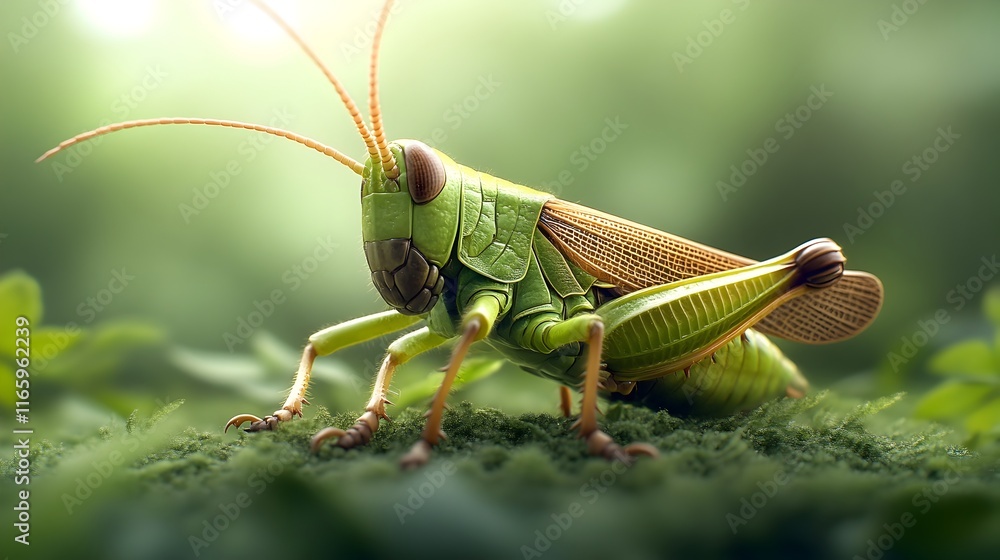 Poster macro photograph showcasing the vivid green and intricate textural details of a grasshopper s thorac