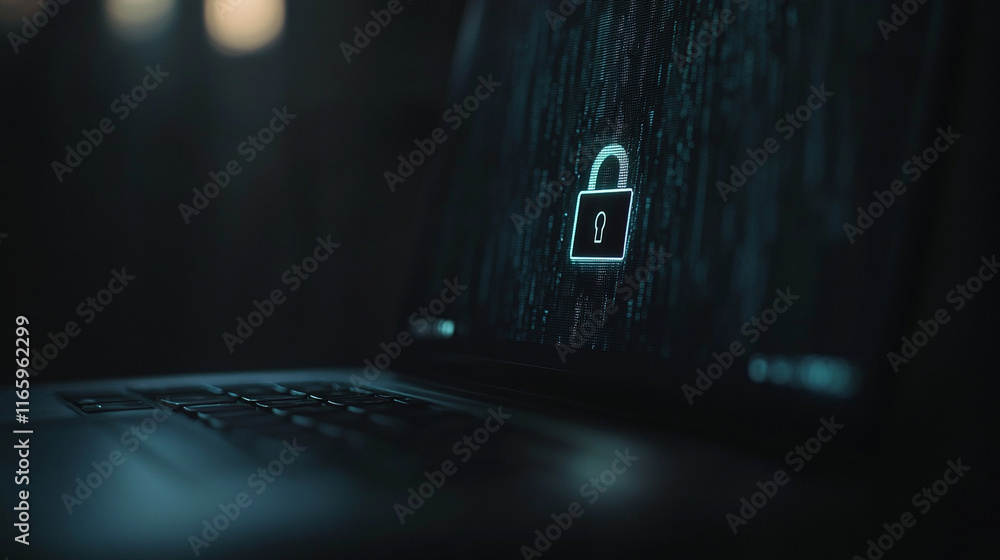 Poster digital lock symbol on laptop screen displays cybersecurity concepts in dark setting