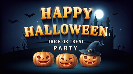 Happy Halloween text design, ghost, bat flying pumpkins, candle, moonnight, banner design on dark blue background