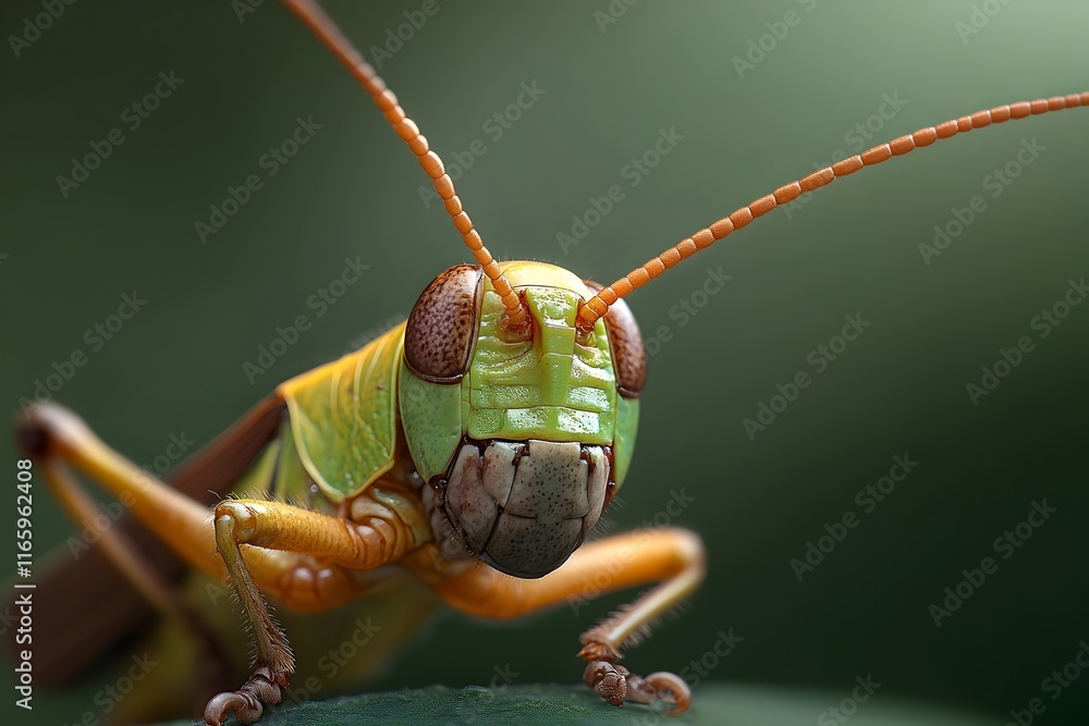 Poster detailed macro photograph showcasing the intricate textural details and vibrant of a grasshopper s t