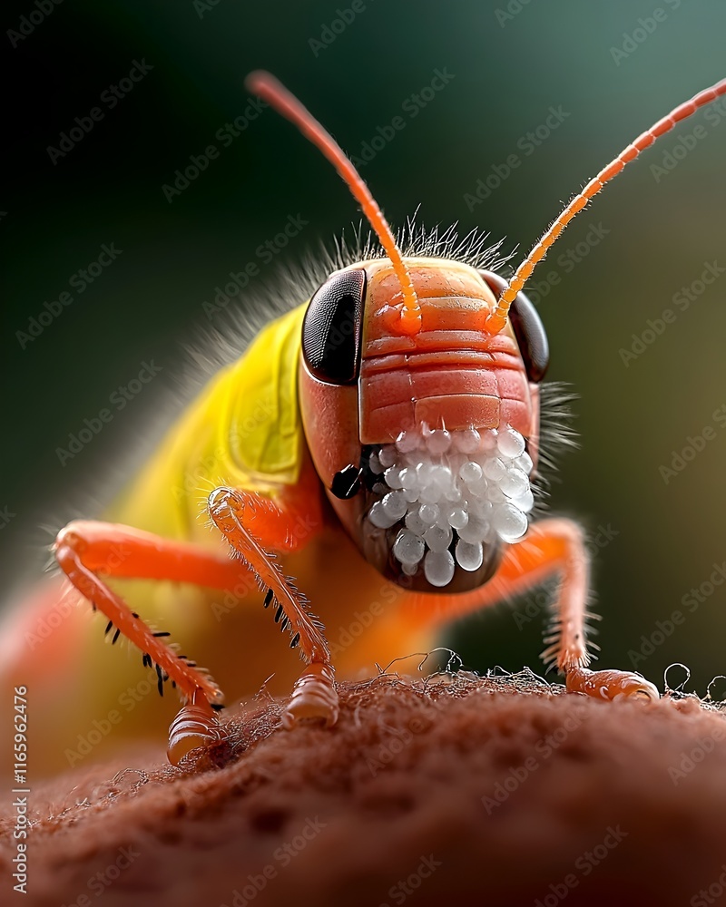 Poster vivid macro close up view of a grasshopper s segmented thorax exoskeleton as it expels a burst of de
