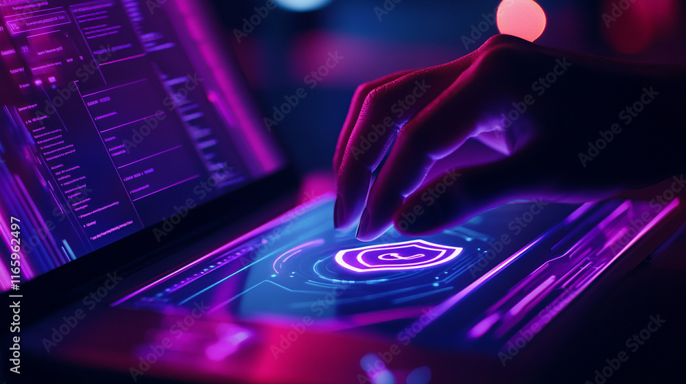 Poster hand using a futuristic touchscreen interface with glowing neon graphics