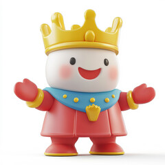 Cheerful Cartoon Character Wearing Royal Crown and Blue Cloak with Outstretched Arms Representing Joy and Fun in Playful Style