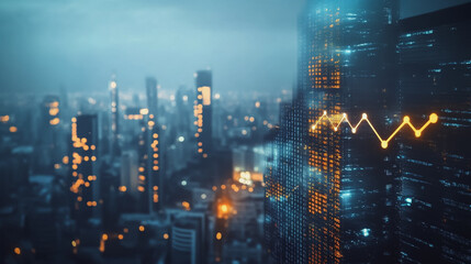 Fototapeta premium Abstract business team stands on the peak of success amid tall, innovative Smart city and graphs with statistics to analyze business potential and predict future developments in company growth.