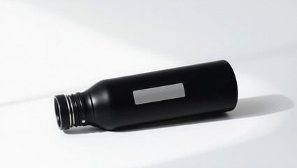 Fototapeta premium A Black Metal Water Bottle Lies on White Background