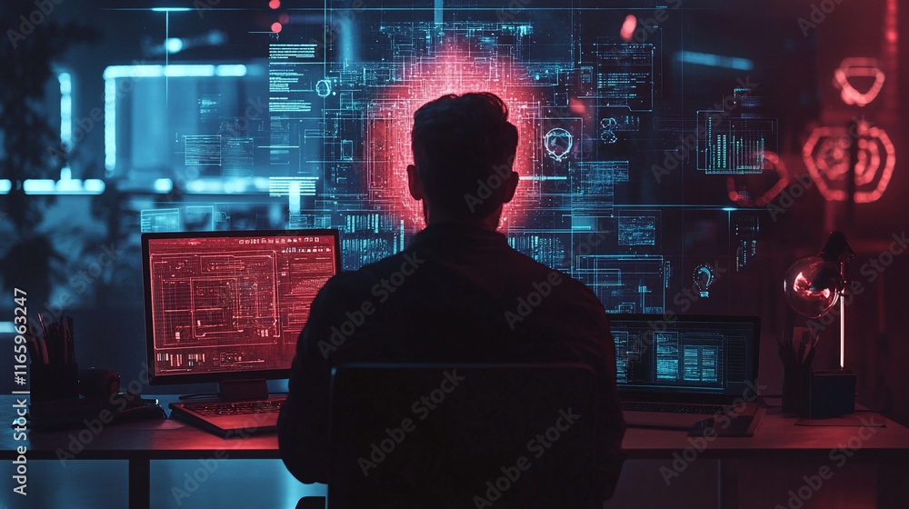 Poster frontline of cybersecurity with a professional at a dual-monitor setup facing glowing data displays