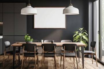 A contemporary dining space showcases a wooden table surrounded by sleek chairs, with hanging pendant lights, plants, and a large empty frame on the wall.