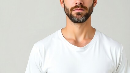 Close up of a man wearing a white tshirt