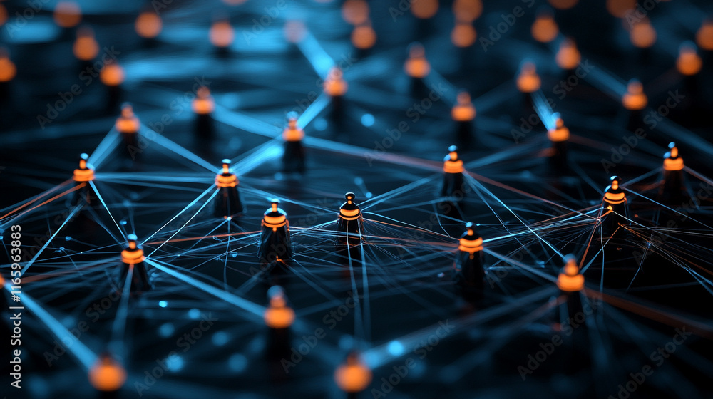 Poster network connections illuminated by vibrant nodes showcasing a digital communication system