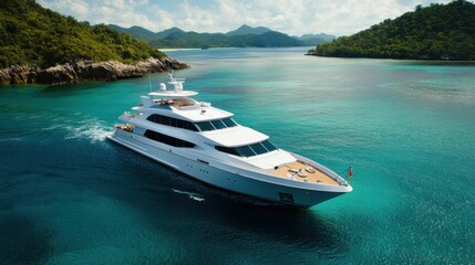 Luxury yacht cruising turquoise tropical waters, islands background.