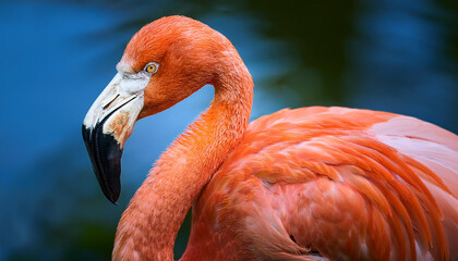 A close-up portrait of a vibrant pink flamingo.