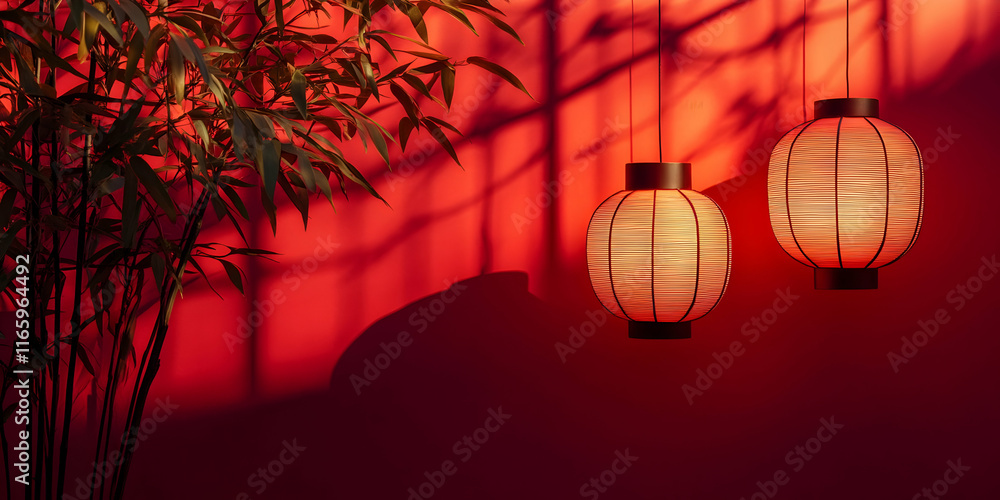 Poster red lantern glow: two delicate paper lanterns hang illuminated against a vibrant red wall, casting w