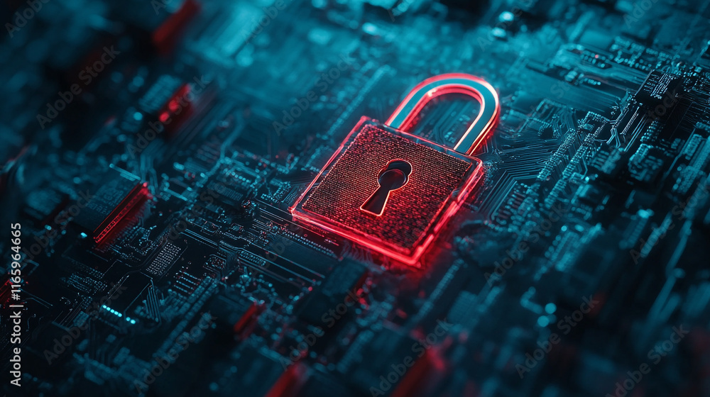 Poster digital security lock symbol on a circuit board background representing cybersecurity