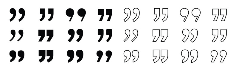Set of quote mark icons. Quotes, quotation marks black isolated vector icon set. Quote marks outline, speech marks, inverted commas or talking marks collection.
