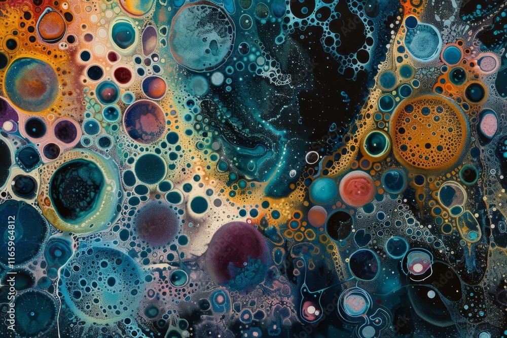 Poster vibrant colors and circular patterns create a mesmerizing abstract display, resembling a cosmic land